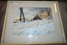 Framed Watercolour - Winter Farmhouse Scene Signed