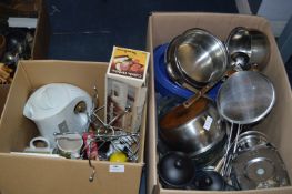 Two Boxes of Kitchenware; Stainless Steel Pans, Ke