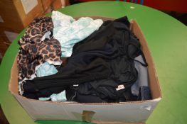 Box Containing Assorted Stretch Denims, Leopard Pattern Tops, etc.