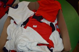 Box Containing 50 Children's Tops Red & White, Red & Blue and White & Blue