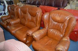 Brown Leather Three Piece Suite; Two Seat Sofa and