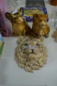 Two Pottery Tiger Cub Figures and a Wall Mounted T