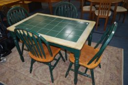Green Tile Topped Rectangular Dining Table and Fou