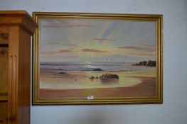 Gilt Framed Painting on Canvas - Coastal Scene sig