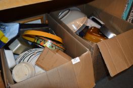 Two Large Boxes of Kitchen Items; Pans, Dinnerware