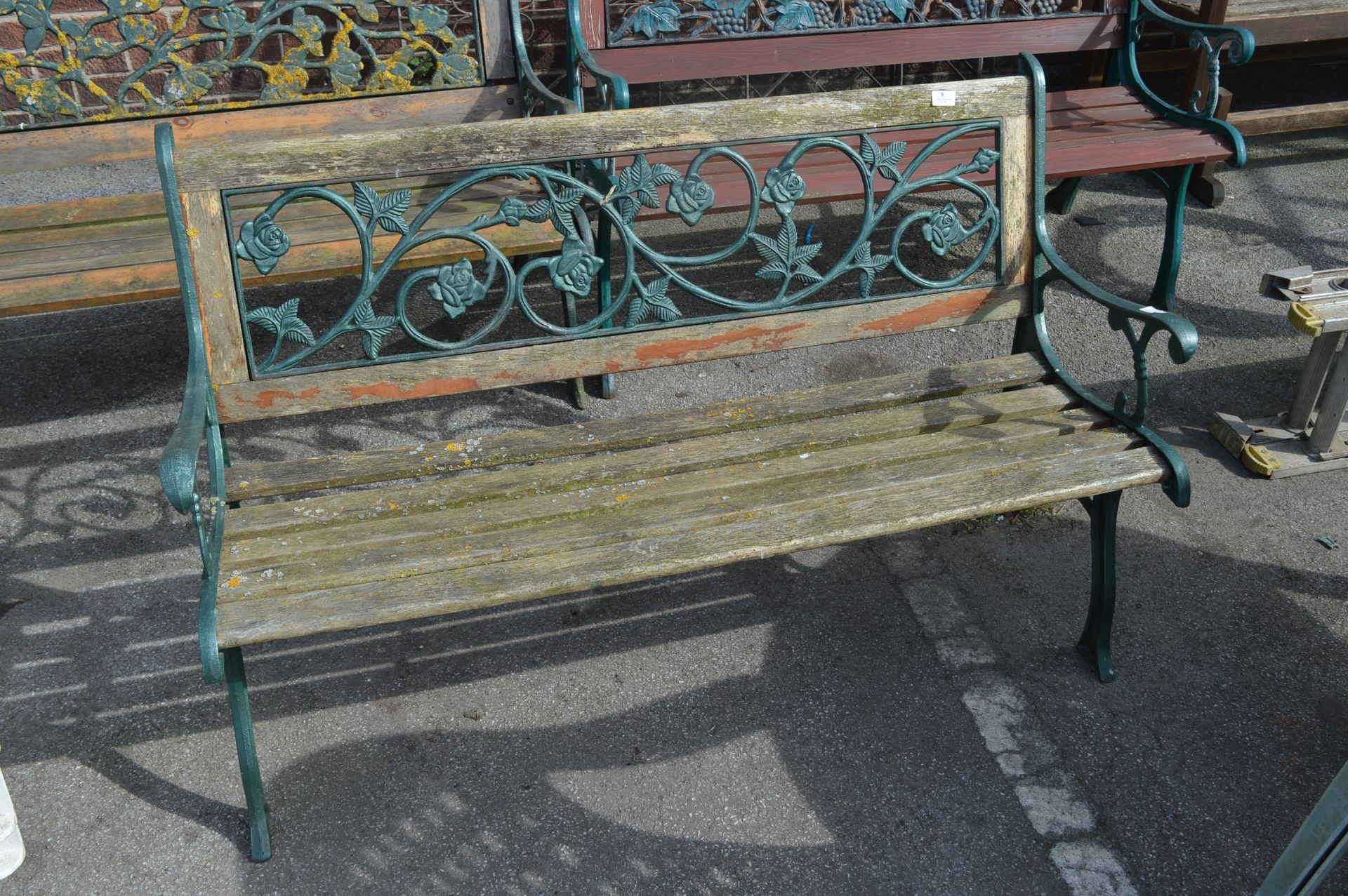 Cast Metal & Wood Garden Bench Rose Design