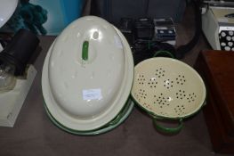 Cream and Green Enameled Metal Roasting Dish and C