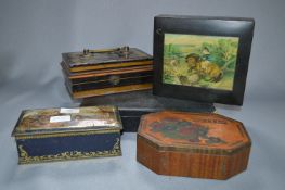 Sewing Box, Cash Tin, Biscuit Tin and Contents of Cigarette Cards