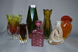 Six Coloured Glass Vases and a Decanter