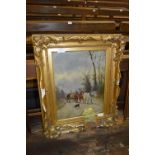 Gilt Framed Oil Painting on Canvas - Hay Cart with Shire Horse signed C.W. Oswald