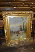 Gilt Framed Oil Painting on Canvas - Hay Cart with Shire Horse signed C.W. Oswald