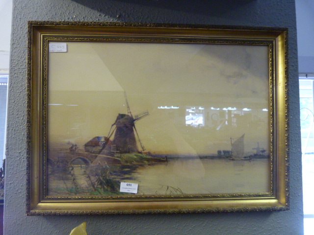 Gilt Framed Watercolour - Windmill River Scene by Hubert Coop