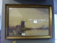 Gilt Framed Watercolour - Windmill River Scene by Hubert Coop