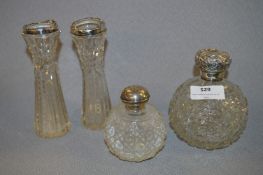 Two Silver |Topped Scent Bottles and a Pair of Silver Rimmed Vases