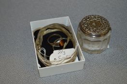 Two Silver Necklaces, Ring and a Silver Topped Jar - Approx 21g Total
