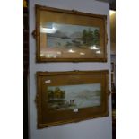 Pair of Gilt Framed Watercolours - Country Lake and Mountain Scenes Signed E.G
