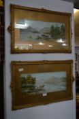 Pair of Gilt Framed Watercolours - Country Lake and Mountain Scenes Signed E.G