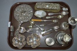 Tray Lot of Silver Plated Cutlery, Brush & Mirror, Candlesticks and Dishes