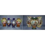 Three Pairs of Edwardian Floral Decorated Vases and One Other