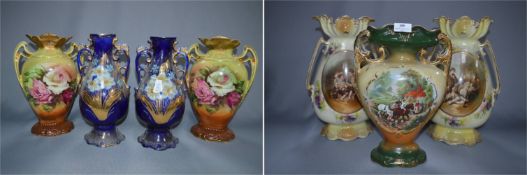 Three Pairs of Edwardian Floral Decorated Vases and One Other