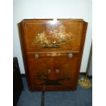 Chinese Veneered Walnut Cocktail Cabinet with Decorative Panels