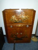Chinese Veneered Walnut Cocktail Cabinet with Decorative Panels