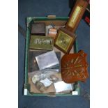 Box Containing Bullet Shell Mounted Plaque, Barometer, Cash Tins, etc.