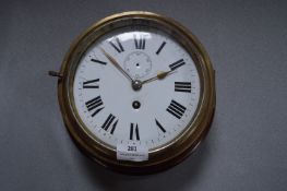 Mounted Circular Brass Ships Clock with Enamel Face