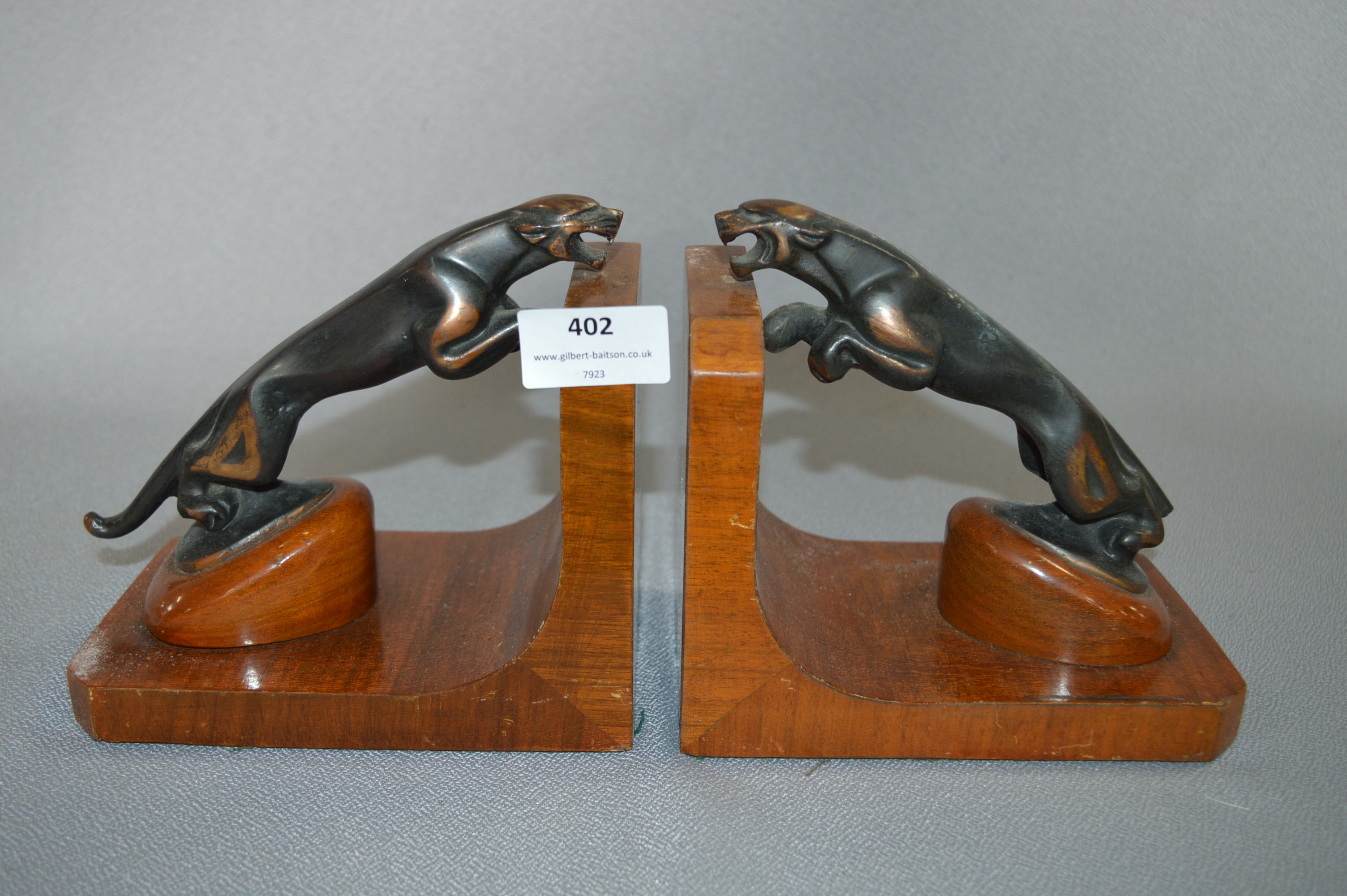 1950's Bronze Jaguar Car Mascot Bookends on Walnut Veneered Bases