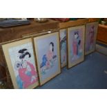 Seven Japanese Coloured Prints - Geisha Girls