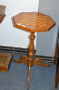 Oak Pedestal Side Table with Chess Board Top