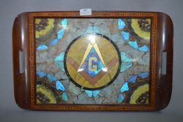 Edwardian Mahogany Inlaid Butterfly Tray with Masonic Emblem