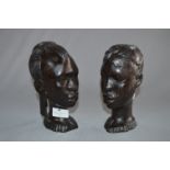 Pair of African Carved Wood Busts