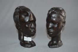 Pair of African Carved Wood Busts