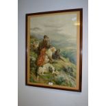 Framed Victorian Coloured Print - Huntsman with Dogs