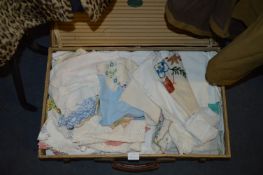 Suitcase and Contents of Needlework Table Linen
