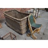 Large Industrial cane Basket and Four Metal Stacking Chairs