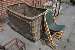 Large Industrial cane Basket and Four Metal Stacking Chairs