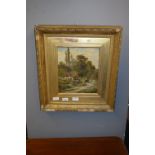 Gilt Framed Oil Painting on Canvas - Country Cottage Scene by A. Gyncell 1886