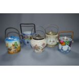 Five Decorative Pottery Biscuit Barrels