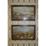 Pair of Oak Framed Coloured Prints - Highland Cattle Scene