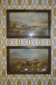 Pair of Oak Framed Coloured Prints - Highland Cattle Scene