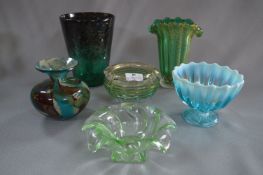 Coloured Glassware Vases, Dishes and a Mug