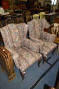Pair of Floral Upholstered Wingback Armchairs on Oak Cabriole Legs