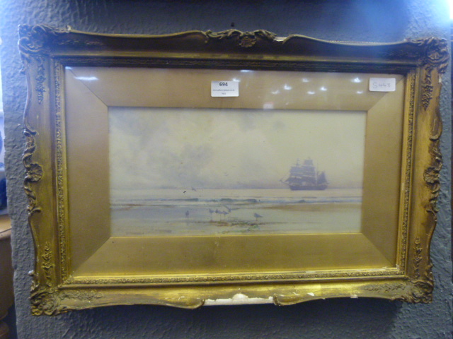 Gilt Framed Watercolour - Coastal Scene by Hubert Coop