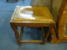 Carved Oak Stool with Leather Top
