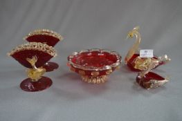 Five Murano Red Glass Vases and Dishes