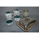 Denby Green Wheat Tea Set, Silver Plated Serving Dish and Denby Vase