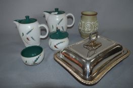 Denby Green Wheat Tea Set, Silver Plated Serving Dish and Denby Vase
