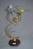 Budgerigars on Brass Stand
